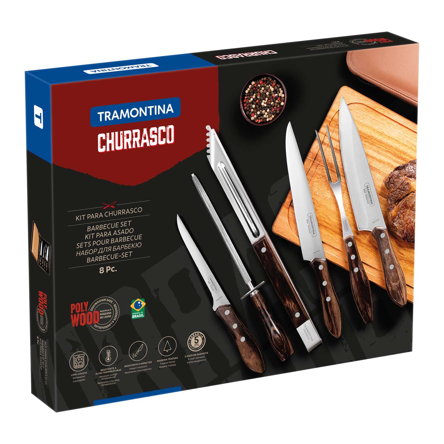 Tramontina Dishwasher-safe Wooden Handle 7 Pcs. Barbecue Set with Chopping Board in a Synthetic Leather Case - Image 4